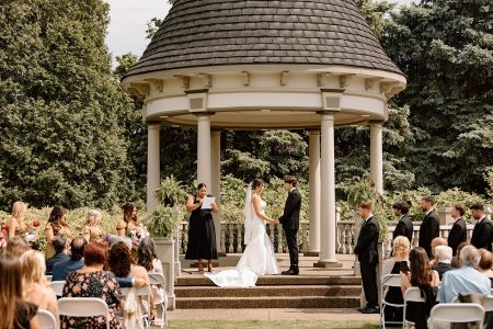 Romantic garden wedding ceremony at historic Beaver Station near Pittsburgh